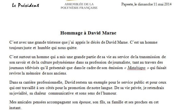 Hommage d'Edouard Fritch à David Marae