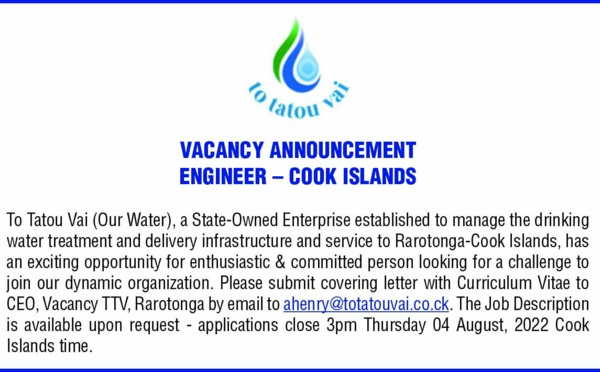 To Tatou Vai (Our Water) recherche un Ingénieur pour les îles Cook.