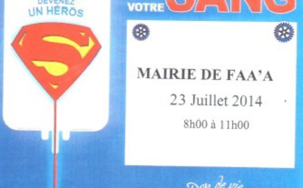 Don du sang ce mercredi 23 juillet à la Mairie de Faa'a