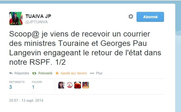 Financement du RST : Jean-Paul Tuaiva annonce sur Twitter le retour de l'Etat