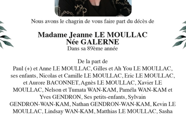 Avis de décès de la famille LE MOULLAC pour la défunte Jeanne LE MOULLAC née GALERNE