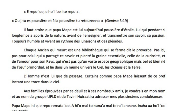 Condoléances : Papa Mape « E repo ‘oe, e ho’i ‘oe i te repo ».