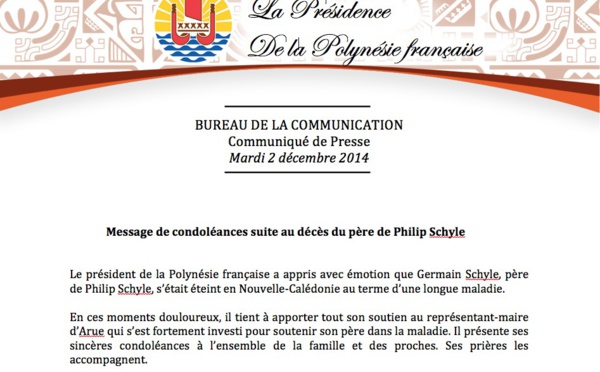 Condoléances pour le décès du père de Philip Schyle