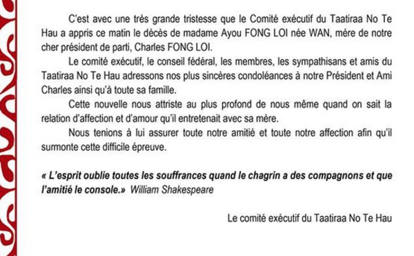 Décès de Madame Ayou Fong Loy