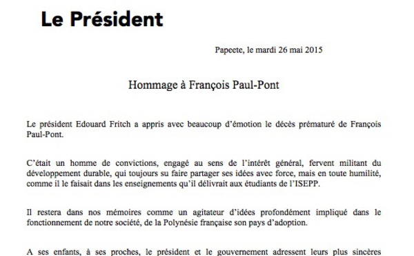 Décès de François Paul Pont, les condoléances de la Présidence