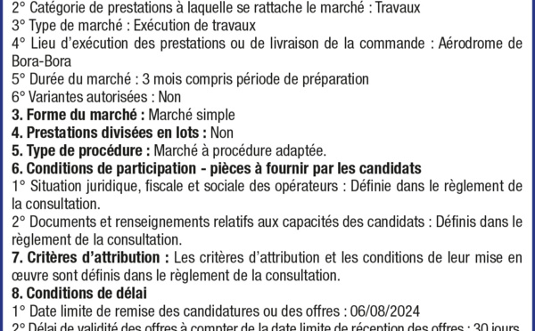 L’AÉROPORT DE TAHITI LANCE UN AVIS D'APPEL PUBLIC A LA CONCURRENCE - MARCHE DE TRAVAUX POUR LA FOURNITURE ET POSE D'UNE EXTENSION DE PONTANT FLOTTANT