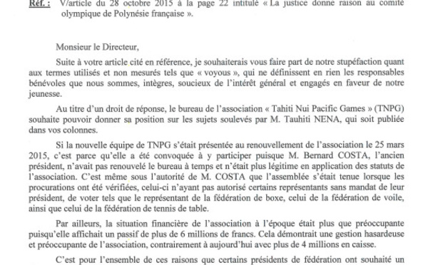 Affaire TNPG – L'Association Tahiti Nui Pacific Games réagit