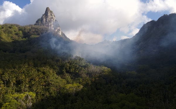 Ua Pou. Le fond de vallée de Hakahetau est en feu.