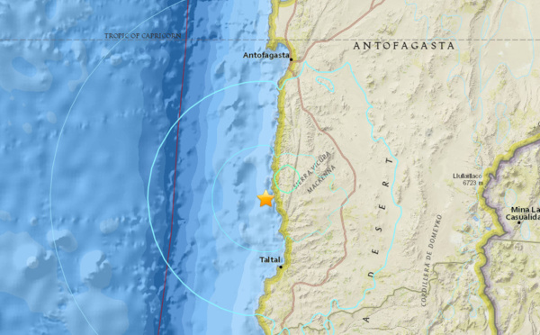 Très fort tremblement de terre côtier dans la région d'Antofagasta  au  Chili