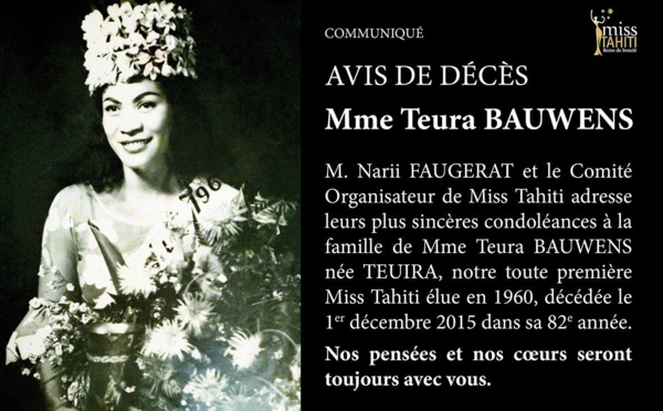 Décès de Teura Bauwens, qui fut la toute première Miss Tahiti en 1960