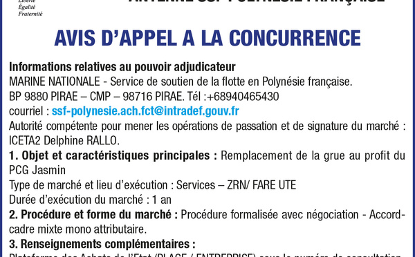 LA MARINE NATIONALE SERVICE DE SOUTIEN DE LA FLOTTE ANTENNE SSF POLYNÉSIE FRANÇAISE LANCE UN AVIS D'APPEL A LA CONCURRENCE : REMPLACEMENT DE LA GRUE AU PROFIT DU PCG JASMIN 