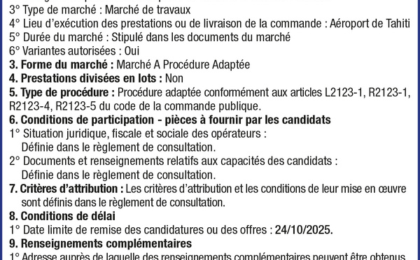L'AÉROPORT DE TAHITI LANCE UN AVIS D'APPEL PUBLIC A LA CONCURRENCE : CONSULTATION POUR LA RÉALISATION DES TRAVAUX DE RÉFECTION DES SANITAIRES PUBLICS.