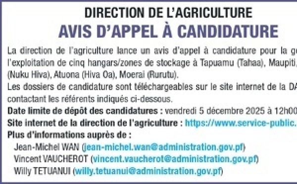 AVIS D'APPEL A CANDIDATURE DE LA DIRECTION DE L'AGRICULTURE