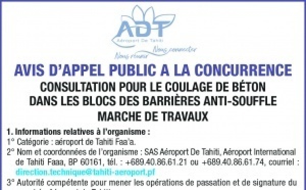 L'AÉROPORT DE TAHITI LANCE UN AVIS D'APPEL PUBLIC A LA CONCURRENCE : CONSULTATION POUR LE COULAGE DE BÉTON DANS LES BLOCS DES BARRIÈRES ANTI-SOUFFLE MARCHE DE TRAVAUX