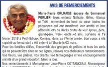 Avis de remerciements Famille PORLIER