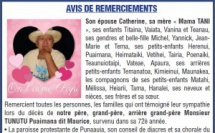 Avis de remerciements Famille TUNUTU