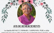 Avis de remerciements Famille BENNETT-TOOMARU