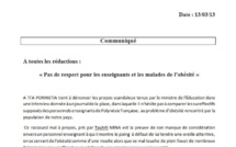 Communiqué de A Tia Porinetia: Tauiti Nena: « Pas de respect pour les enseignants et les malades de l’obésité »