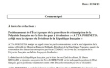 Communiqué de A Tia Porinetia: Positionnement de l'État à propos de la procédure de réinscription de la Polynésie française sur la liste des pays à décoloniser : « A TI'A PORINETIA a déjà reçu la réponse du Président de la République française »