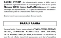 Avis: Décès de Mme  TAANA Tefau