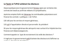Communiqué de Teiva Manutahi: "Le Tavini et l’UPLD achètent les électeurs"