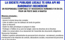 La Société Publique Locale TE UIRA API NO RAROMATA’I recherche un Responsable Comptable et Ressources Humaines F/H en CDI