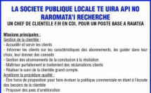 La Société Publique Locale TE UIRA API NO RAROMATA’I recherche un Chef Clientèle F/H en CDI