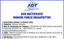 L'Aéroport de Tahiti vous informe de l'avis rectificatif relatif à l'appel d'offres du marché public de l'aérodrome de Rangiroa