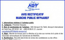 L'Aéroport de Tahiti vous informe de l'avis rectificatif relatif à l'appel d'offres du marché public de l'aérodrome de Raiatea