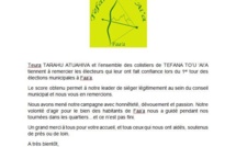 La liste Tefana To'u Ai'a remercie ses électeurs à Faa'a