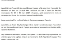 Communiqué de Jules Ienfa: "Les remerciements de Papeete A Tu'