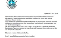 Communiqué: les remerciements de Tauhiti Nena