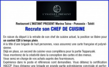 Le restaurant L’INSTANT PRESENT recrute un Chef de cuisine