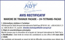 L'AEROPORT DE TAHITI vous informe de AVIS RECTIFICATIF MARCHE DE TRAVAUX FACADE – 24-TXTRANS-FACAD