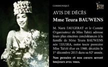 Décès de Teura Bauwens, qui fut la toute première Miss Tahiti en 1960