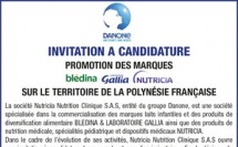 LA SOCIÉTÉ NUTRITIA NUTRITION CLINIQUE S.A.S LANCE UNE INVITATION A CANDIDATURE SUR LE TERRITOIRE DE LA POLYNÉSIE FRANCAISE