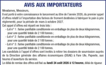 LA D.G.A.E LANCE UN AVIS D'APPEL A LA CONCURRENCE : premier appel d’offres relatif à l’importation des farines de froment destinées à fabriquer le pain à prix réglementé, pour la période de mars à octobre 2027