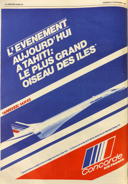 Le 21 novembre 1986 le Concorde atterrissait à Papeete. Pour l'annoncer, Air France avait mené une grande campagne de communication. Image tirée de la collection de photos de la direction commerciale Air Tahiti.