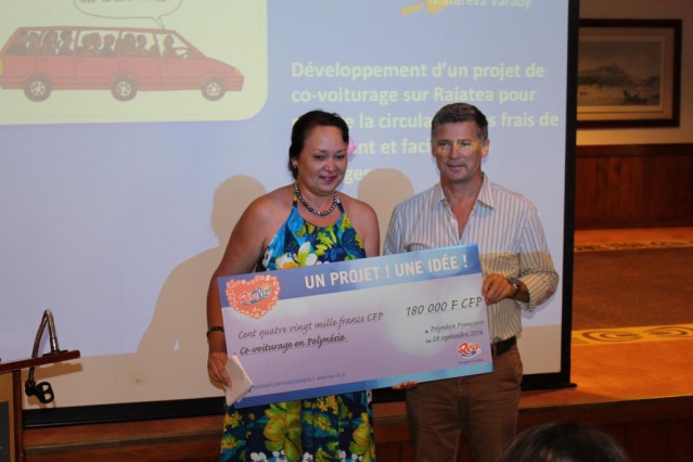 Co-voiturage en Polynésie a emporté la somme de 180 000 Fcfp qui devraient servir à payer les impressions et le logiciel du projet. "Les embouteillages sont un fléau, dans un souci de protection de l’environnement et de bien-être il faut développer le co-voiturage", a insisté la représentante Matareva Varady de l’association Vahine havai event.
